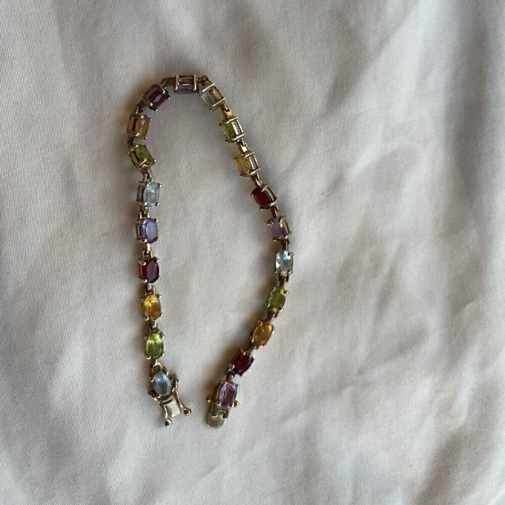Vintage ADI Sterling Silver Thailand Multi Gemstone Link Bracelet 7”